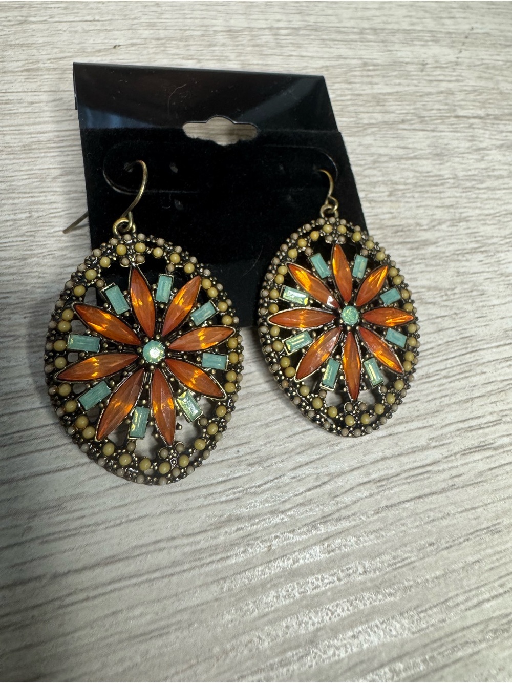 Vintage-Inspired Orange & Turquoise Floral Drop Boho Earrings - Picture 2 of 8